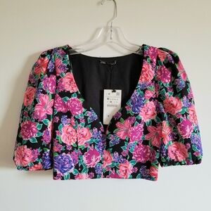 New Zara Black Floral Puff Sleeve Blouse Sz M
